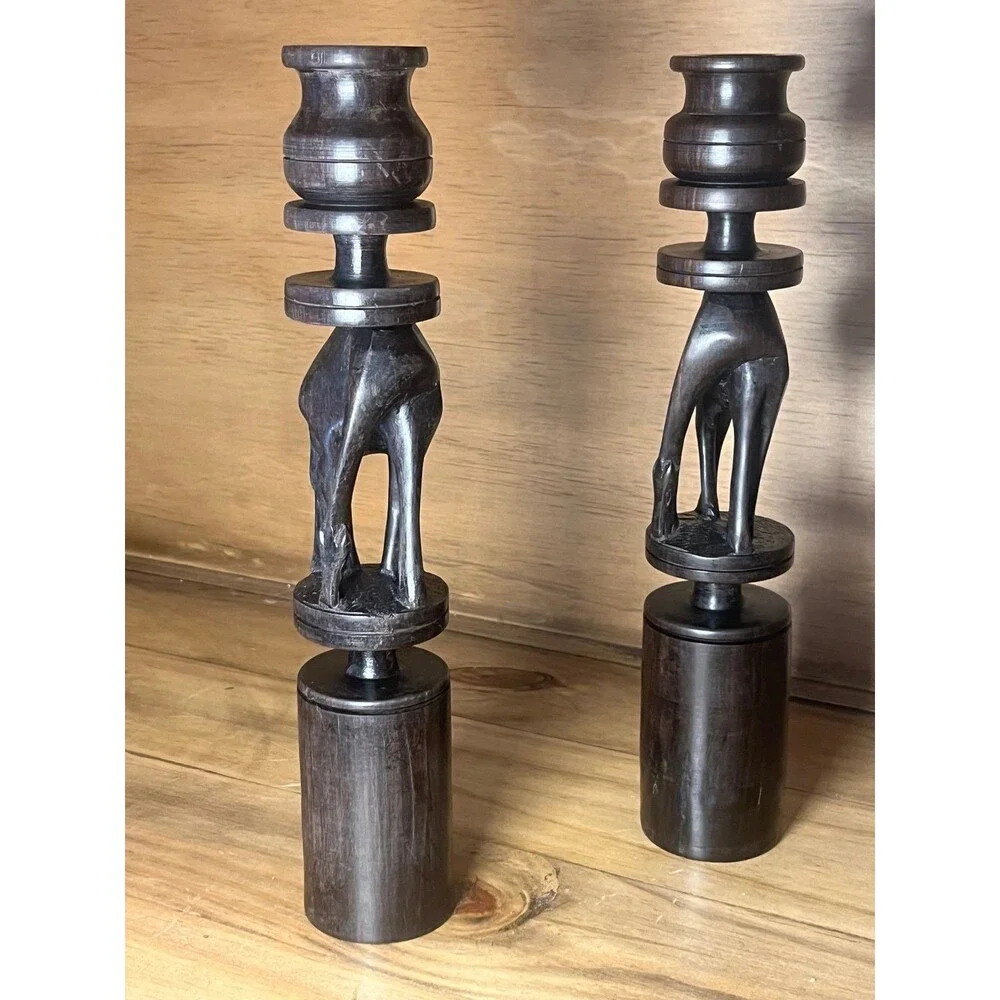 Vintage Wood Giraffe Candlesticks Set Boho Safari Decor Dark Wood Candle Holders